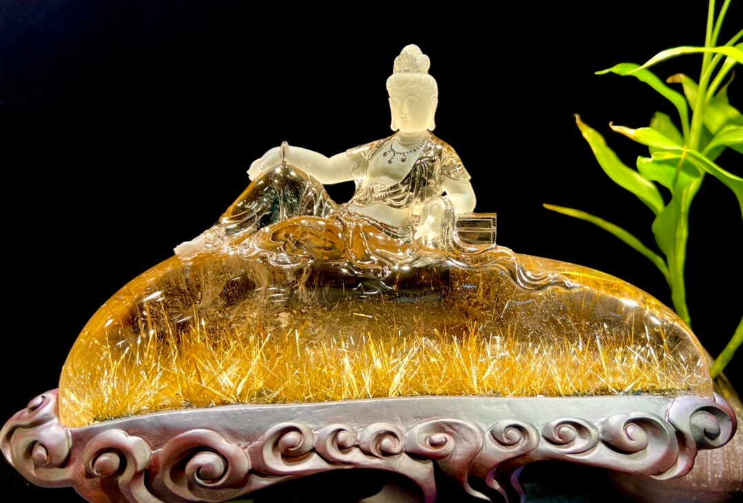4.3LB Top Museum level Natural golden rutile Quartz Guanying pusa statue+ba