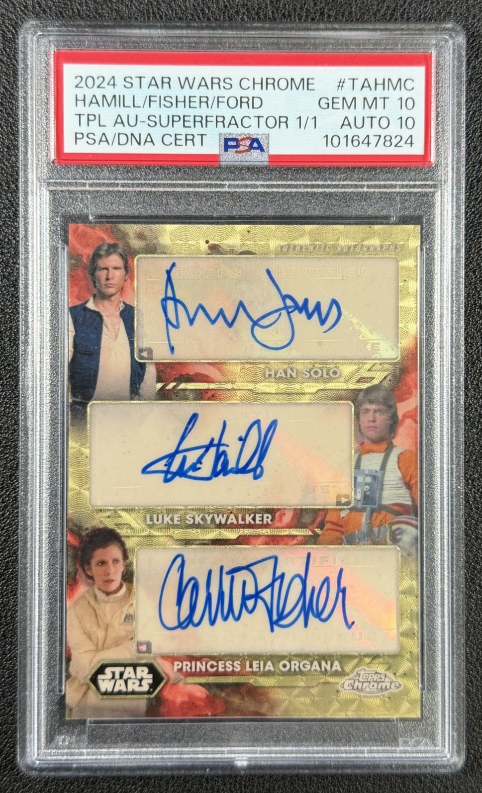MARK HAMILL CARRIE FISHER HARRISON FORD PSA 10 2024 CHROME SUPERFRACTOR AUTO 1/1