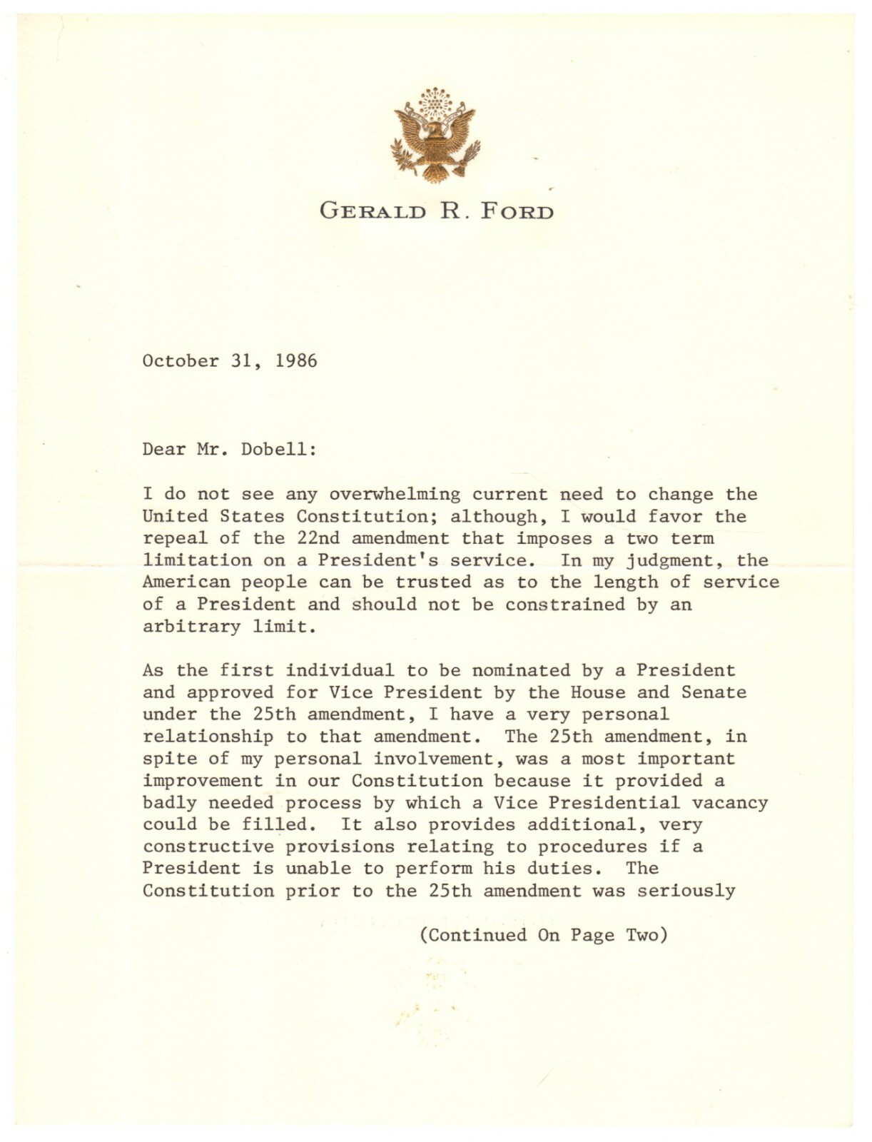 Gerald R. Ford - Important Letter Signed - Argues Importance of 25th Amendment Gerald R. Ford - Important Letter Signed - Argues Importance of 25th Amendment