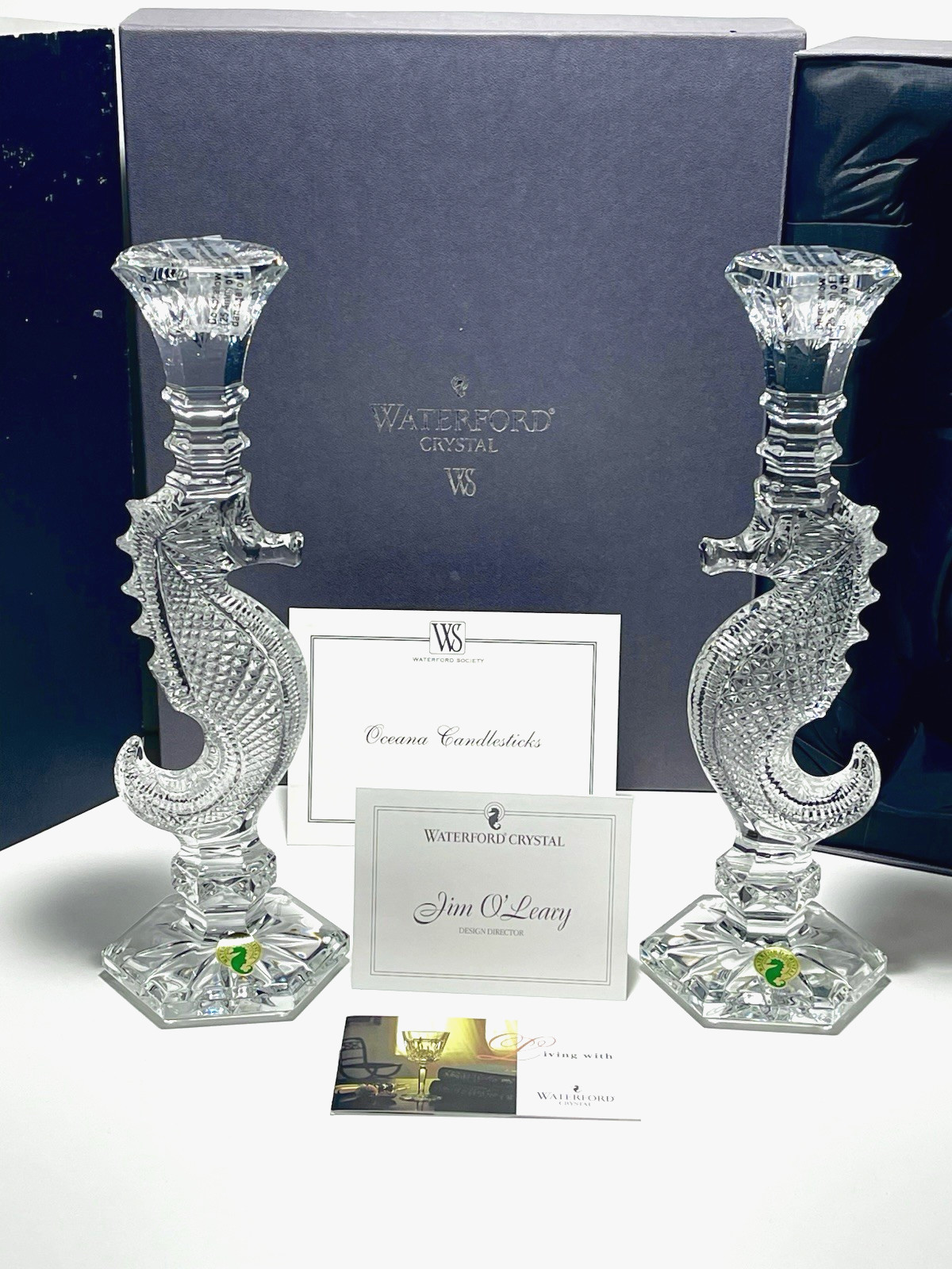 2 WATERFORD SOCIETY SEAHORSE OCEANA CANDLESTICKS CANDLE HOLDER SIGN JIM O