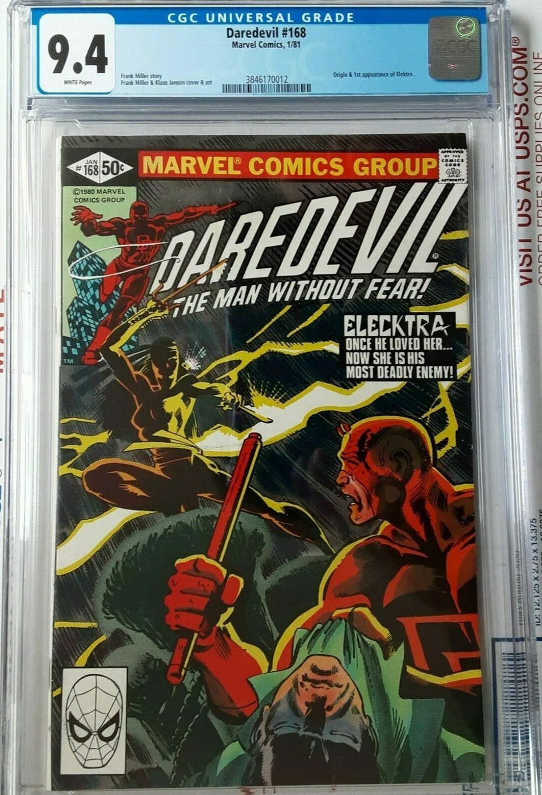 Daredevil #168 CGC 9.4 WHITE Pages(1981) Frank Miller 1st Elektra 1st MILLER STO