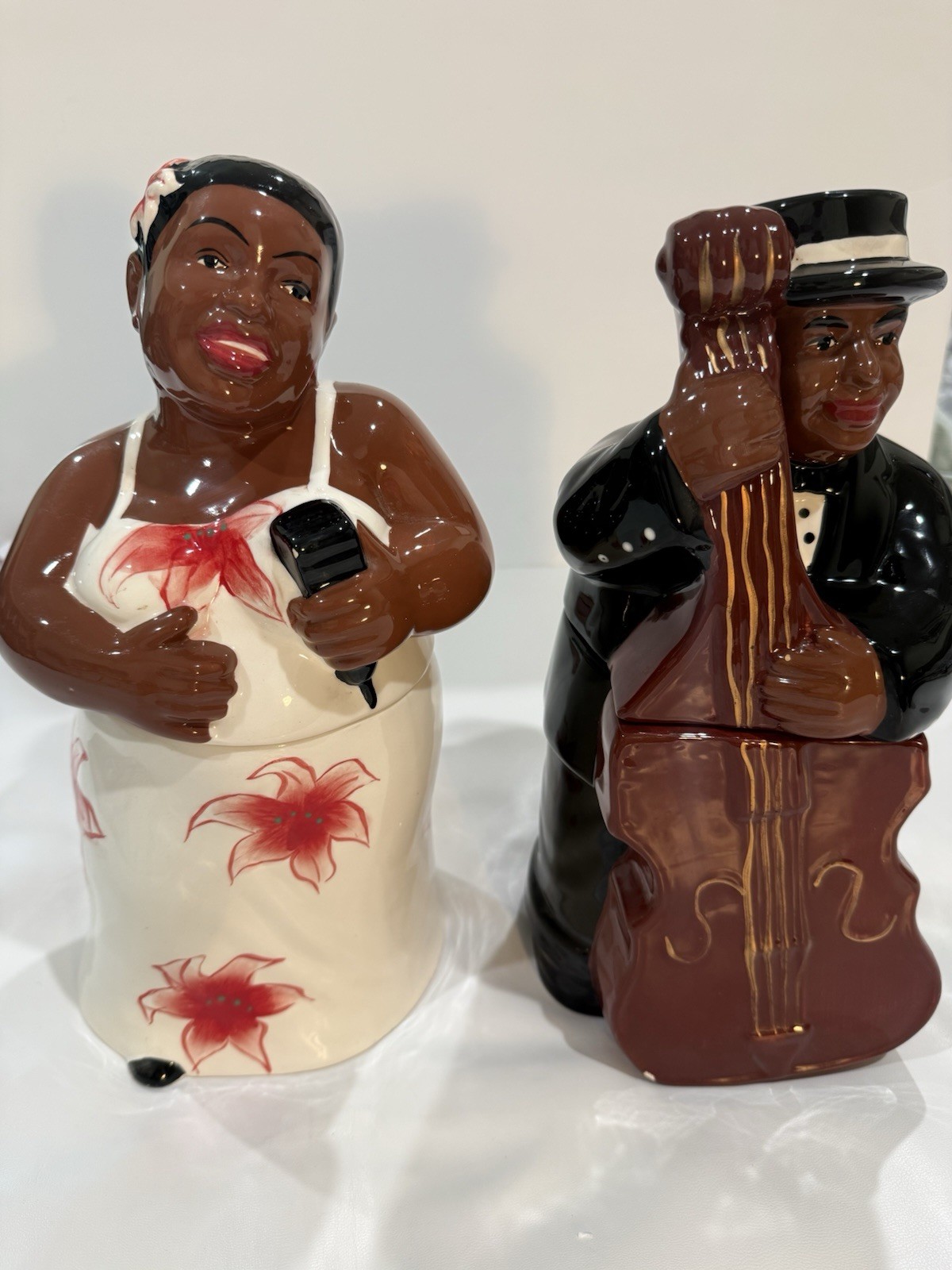 Jazz Man Playing Base Cookie Jar By Casa Vero Lady Floral Dress PAIR Set Of 2 Jazz Man Playing Base Cookie Jar By Casa Vero Lady Floral Dress PAIR Set Of 2