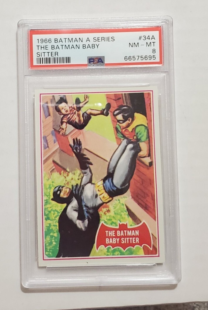 1966 Topps Batman A Series Red Bat #34A The Batman Baby Sitter PSA 8 Vintage 1966 Topps Batman A Series Red Bat #34A The Batman Baby Sitter PSA 8 Vintage