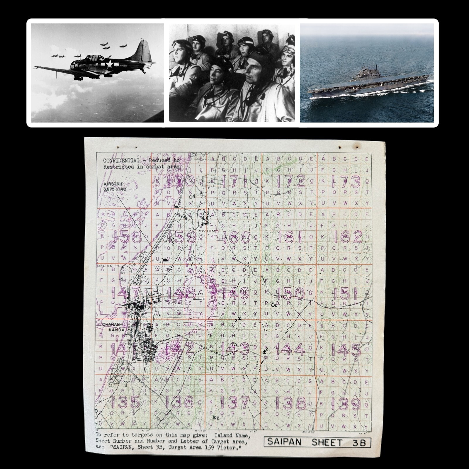 RARE WWII D-Day Saipan Lt. Moore USS Enterprise Afetna & Charan Beach Target Map