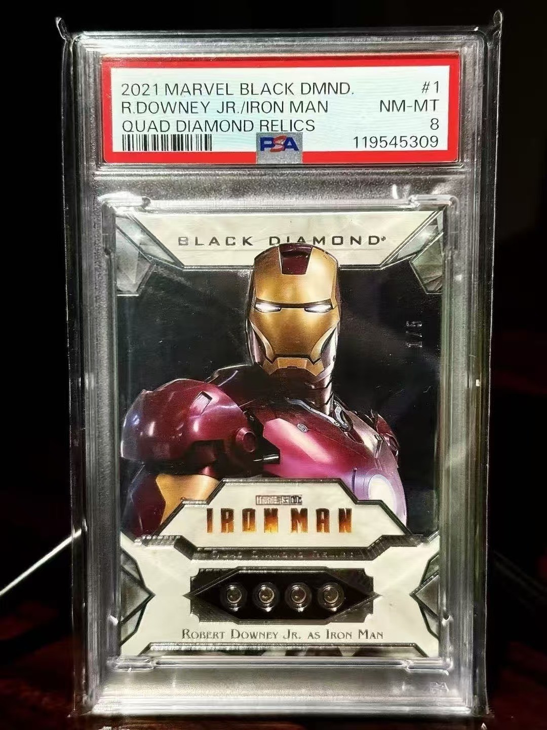 2021 Upper Deck Marvel Black Diamond Quad Diamond Relics Iron Man /5 psa 8