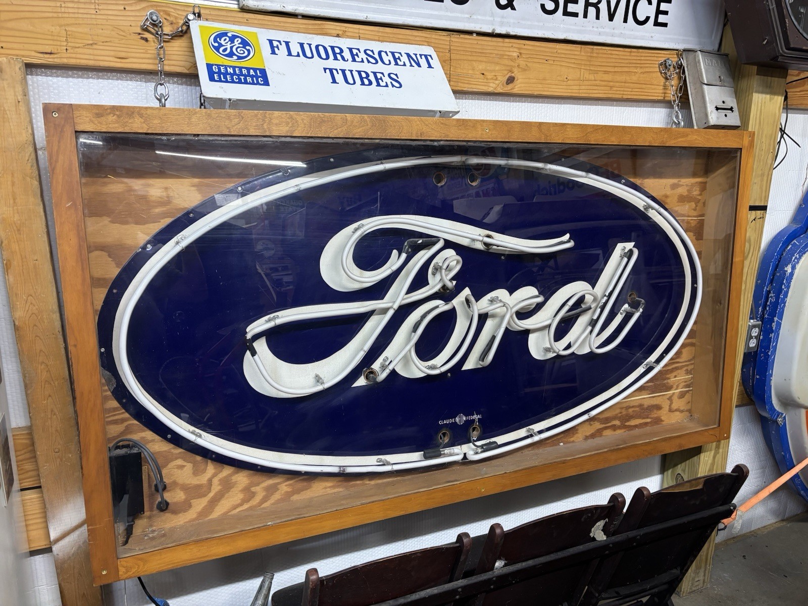 Original 3’x6’ Porcelain Ford Neon, in shadow box ready to hang lights up