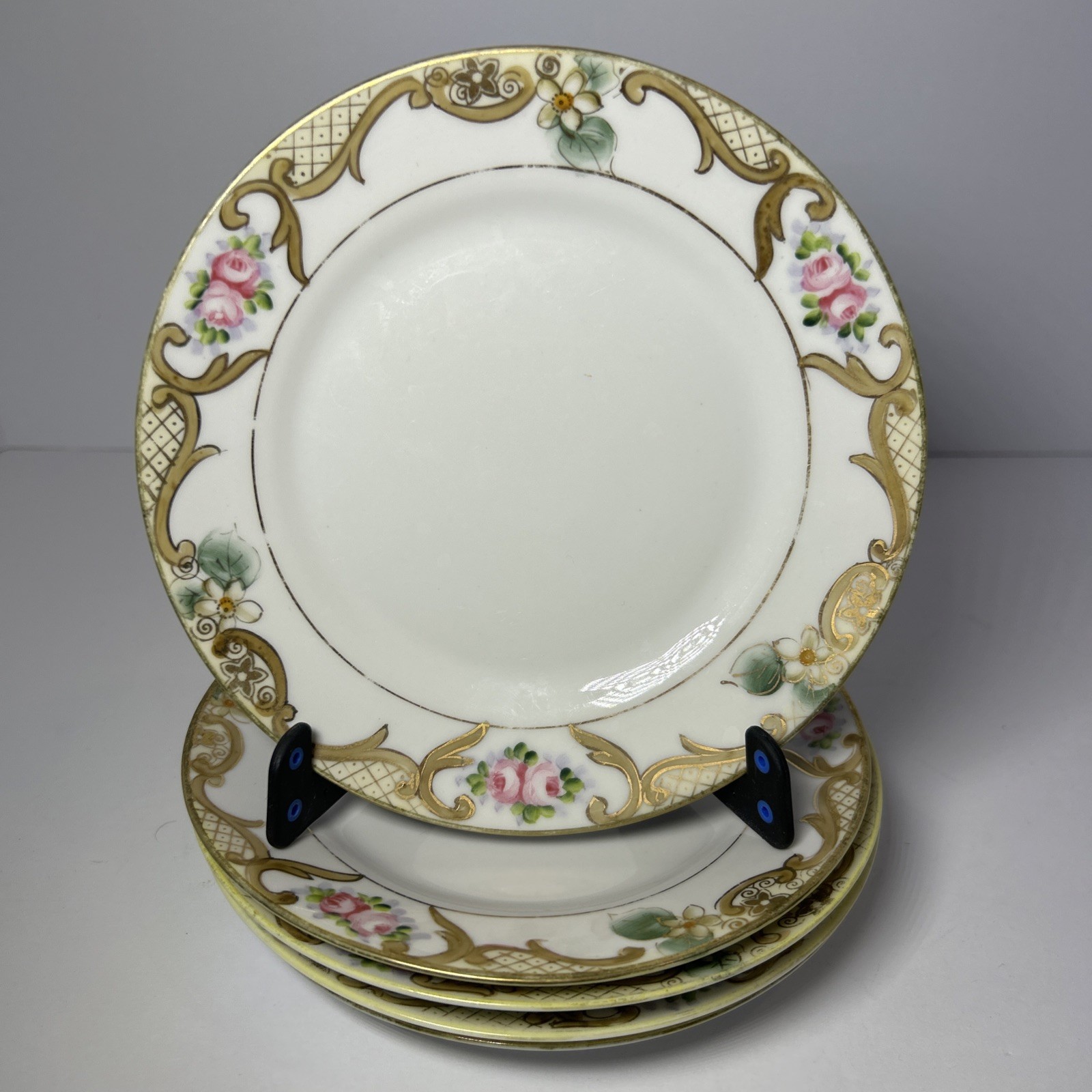 Antique Nippon Set Of 5 Hand Painted Plate Gold Lattice Scroll Pink Roses c1910s