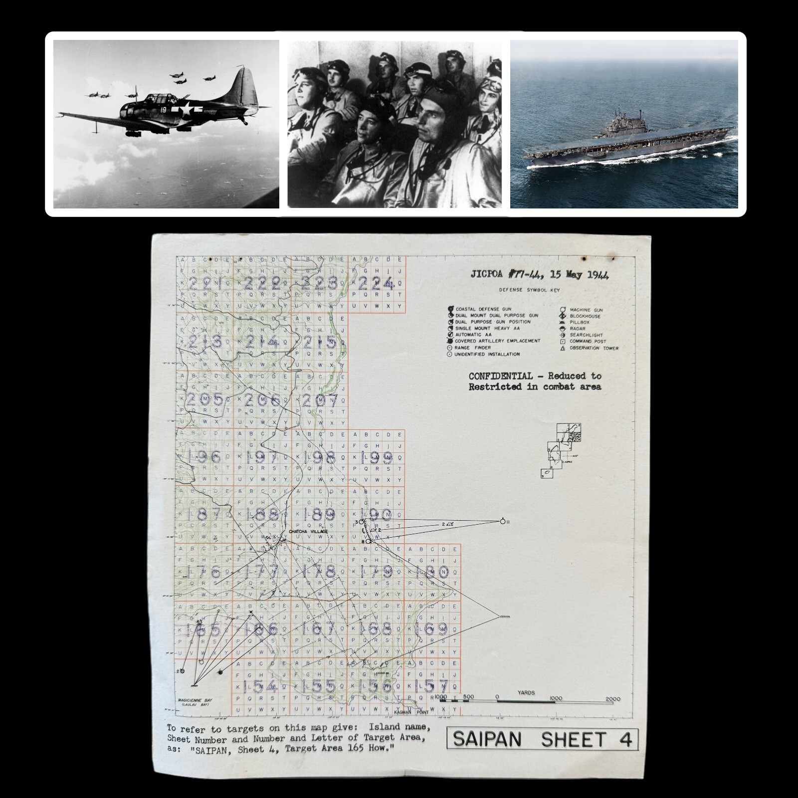 RARE WWII D-Day Saipan Lt. Moore USS Enterprise Chacha & Mt. Kagman Target Map