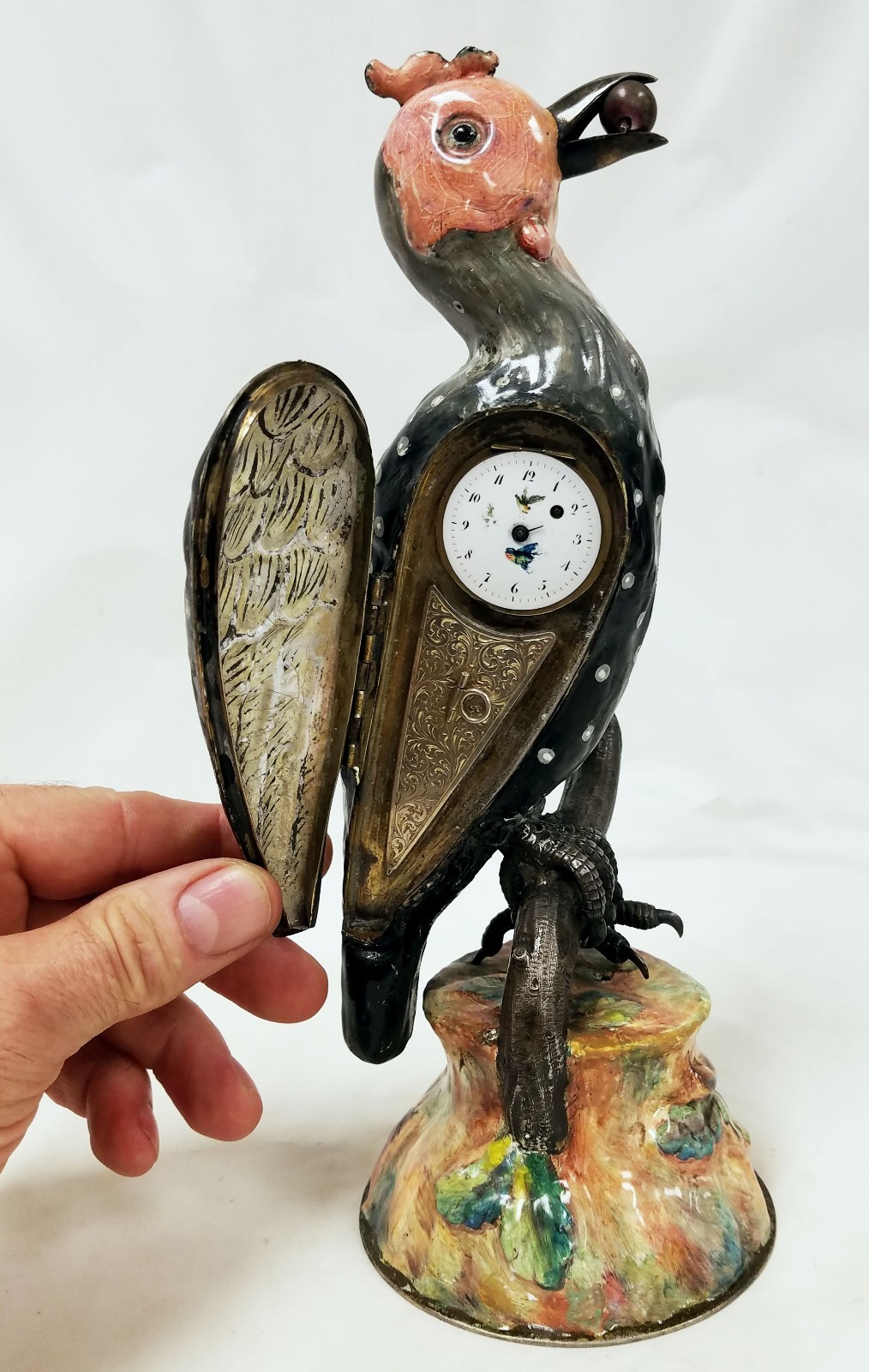 Antique Austria Viennese Enamel & Silver Clock Bird Figure Antique Austria Viennese Enamel & Silver Clock Bird Figure