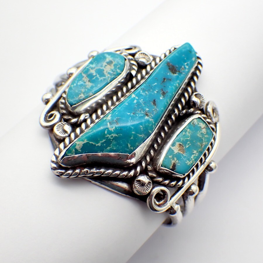 Navajo Turquoise Bracelet Mark Chee Hand Made Sterling Silver Mid Century