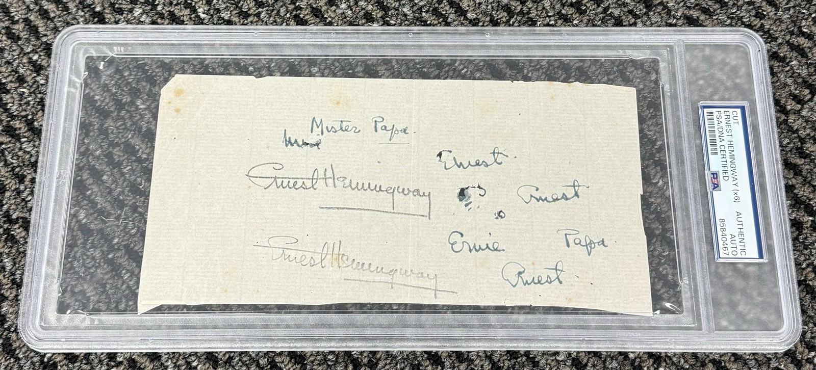 Ernest Hemingway X8 Signed Autograph 4x8 Practice Signature Sheet PSA/DNA Ernest Hemingway X8 Signed Autograph 4x8 Practice Signature Sheet PSA/DNA