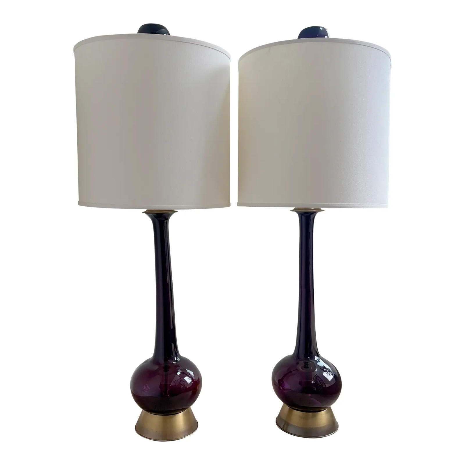 Rare Pair - Vintage Marbro Amethyst Art Glass Table Lamps, McM, C. 1960s, Brass Rare Pair - Vintage Marbro Amethyst Art Glass Table Lamps, McM, C. 1960s, Brass