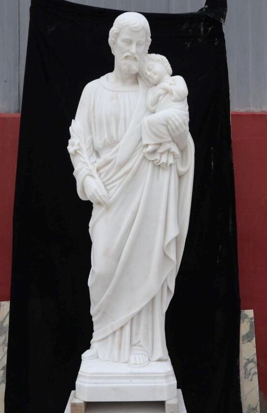Nice Life Size Carved Marble Statue of St. Joseph with Child, 6' - TF550