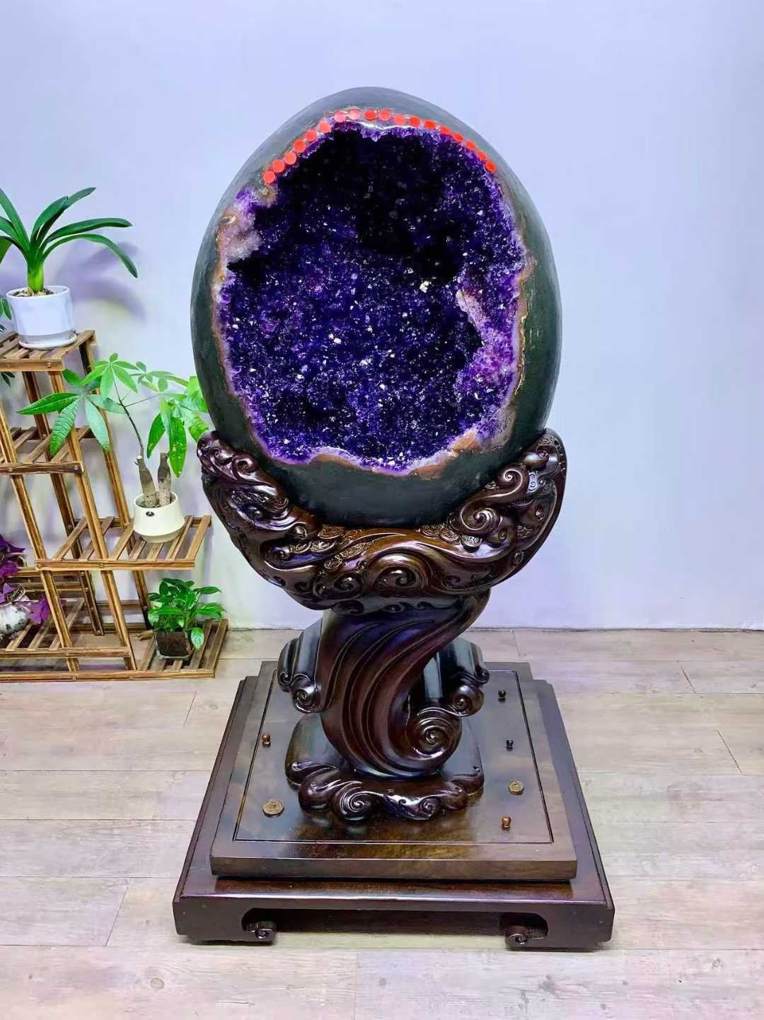 AAAAA Natural Amethyst Geode Quartz Crystal Dinosaur Egg Reiki Decor +STAND