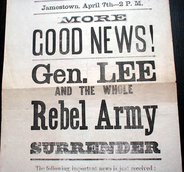 Great ROBERT E. LEE'S SURRENDER American Civil War Ends 1865 Broadside EXTRA