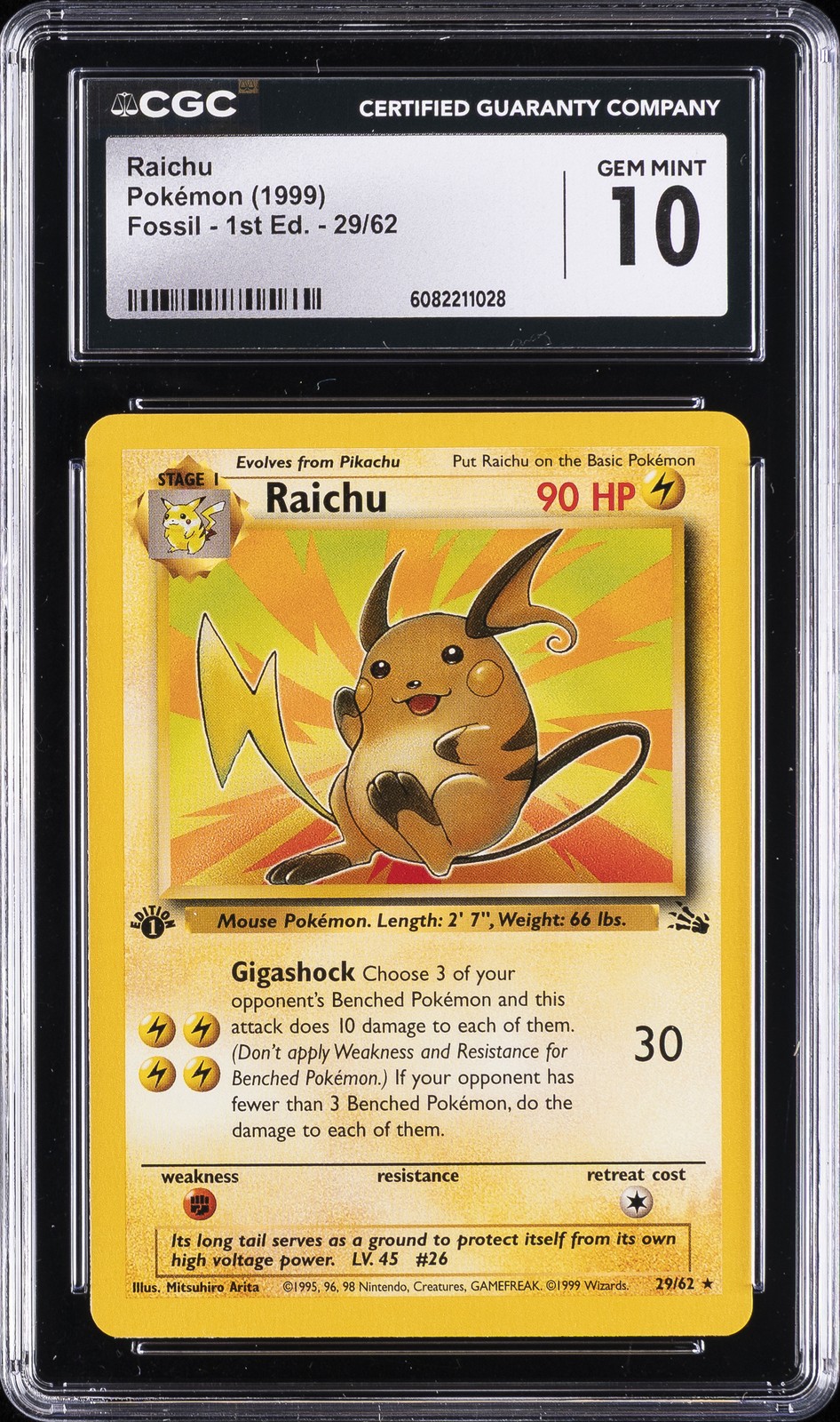 1999 POKÉMON FOSSIL 1ST ED #29 RAICHU CGC 10 GEM MINT