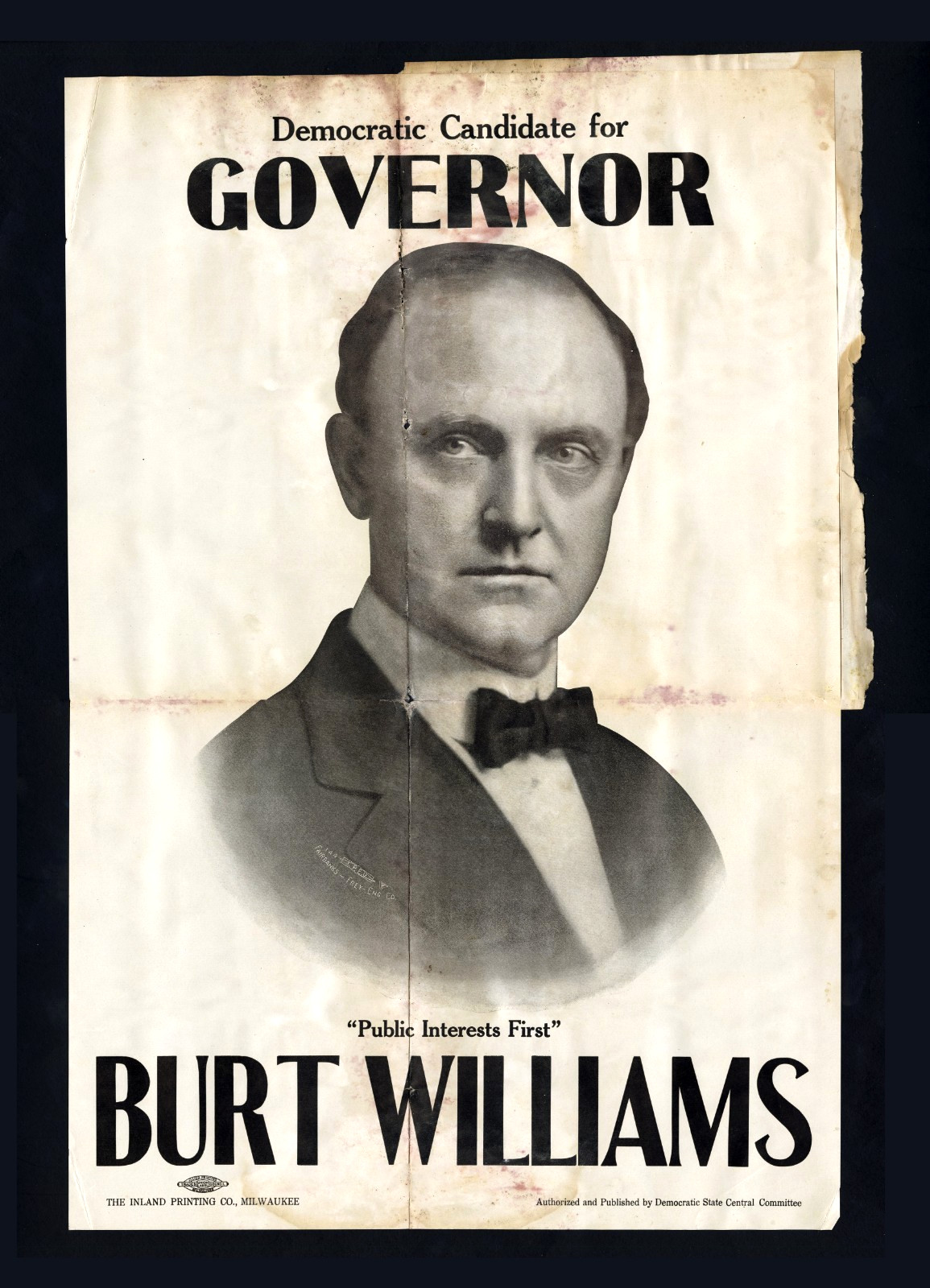 1916 Burt Williams WI Governor Democratic Campaign Poster 24x14 Inland Printing 1916 Burt Williams WI Governor Democratic Campaign Poster 24x14 Inland Printing
