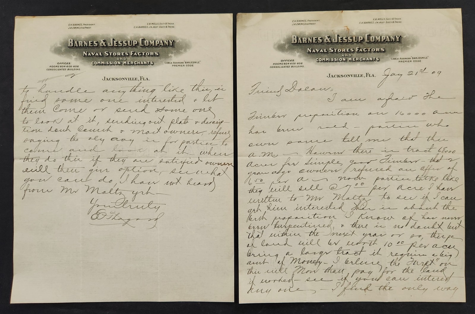 1909 antique BARNES JESSUP CO jacksonville fl NAVAL STORE LETTER DOLAN bangor me 1909 antique BARNES JESSUP CO jacksonville fl NAVAL STORE LETTER DOLAN bangor me