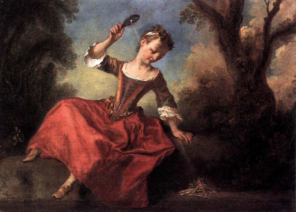 Oil painting Nicolas-Lancret-The-Burning-Glass-young girl in landscape