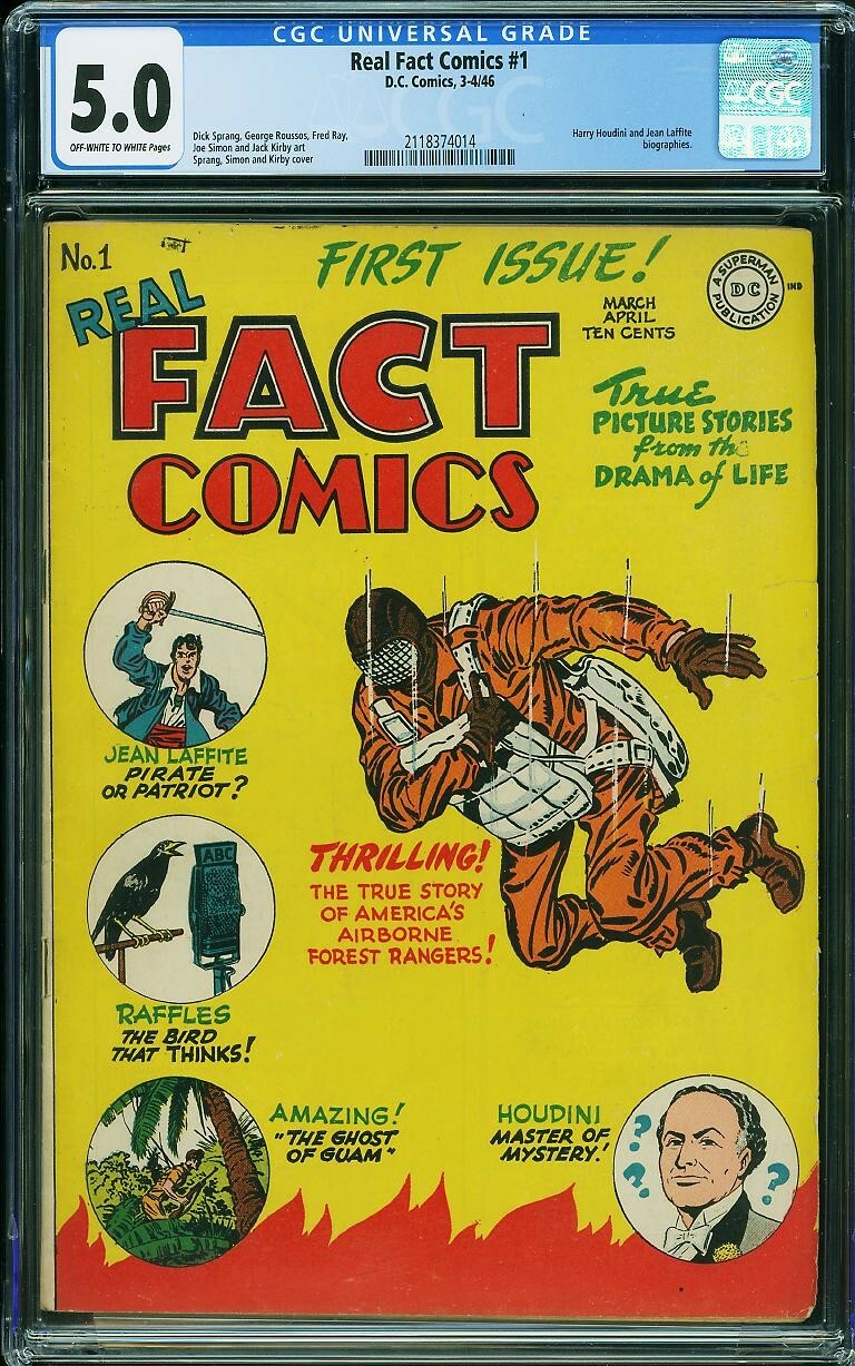 REAL FACT COMICS 1 1946 DC JOE SIMON JACK KIRBY HOUDINI PARACHUTE CGC 5.0 Golden REAL FACT COMICS 1 1946 DC JOE SIMON JACK KIRBY HOUDINI PARACHUTE CGC 5.0 Golden