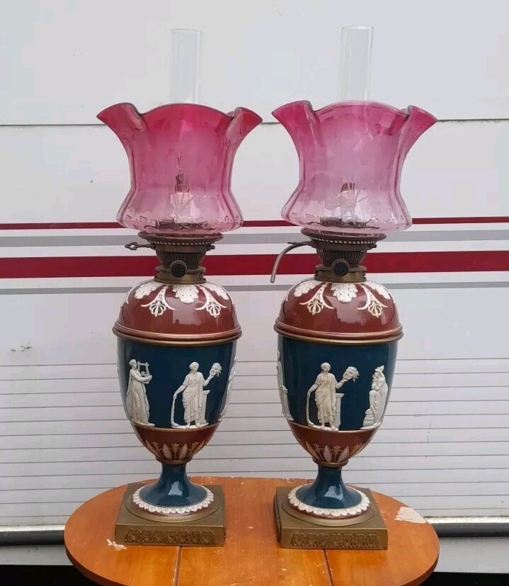 Pair Victorian Wedgwood Applied Slip Hinks Oil Lamps, Oil & Electric, Shades