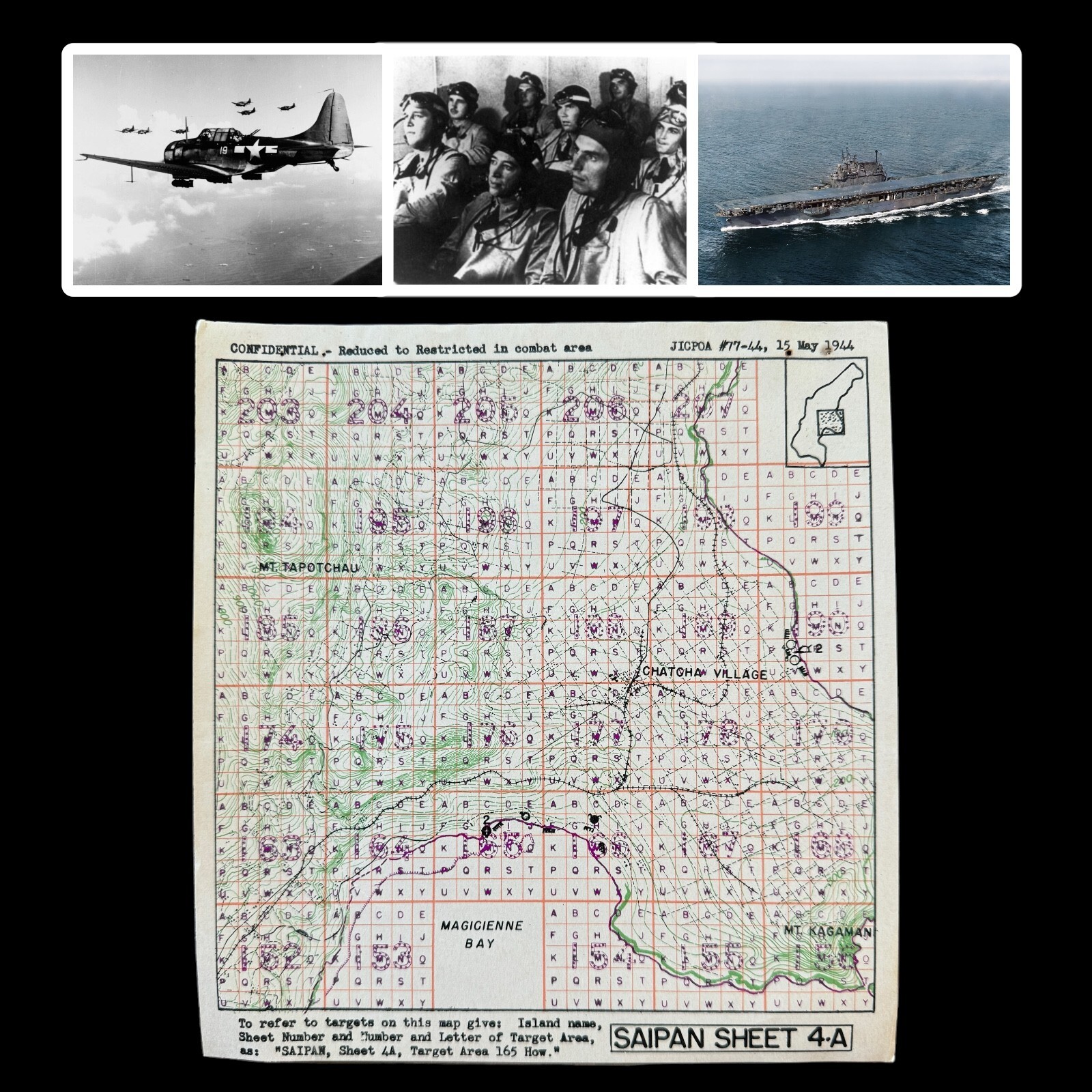 RARE WWII D-Day Saipan Lt. Moore USS Enterprise Hill 600 & Magicienne Bay Map