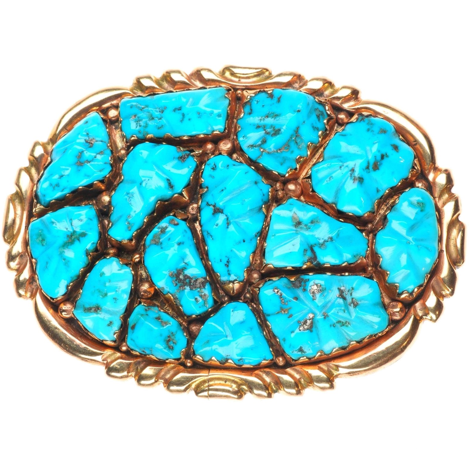 1970's Alvina Quam Zuni 14k gold belt buckle carved pyrite turquoise cluster 1970's Alvina Quam Zuni 14k gold belt buckle carved pyrite turquoise cluster