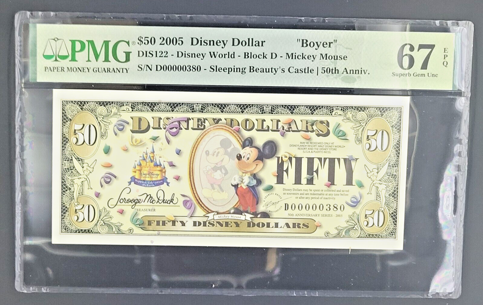 2005 $50 Mickey BOYER Disney Dollar + $500 Stock Certificate Rare