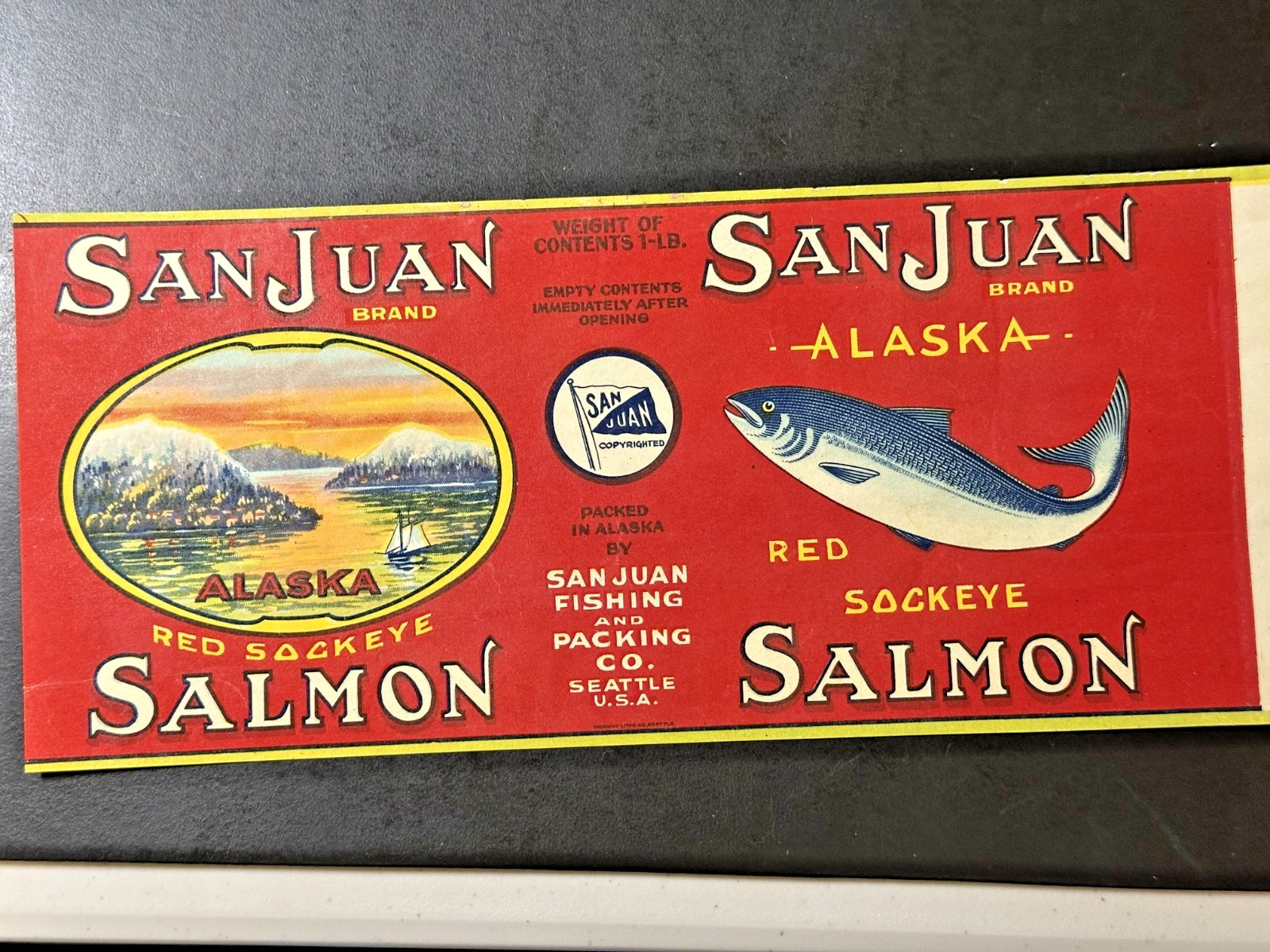 EARLY ALASKA SALMON LABEL WITH GREAT GRAPHICS: SAN JUAN BRAND EARLY ALASKA SALMON LABEL WITH GREAT GRAPHICS: SAN JUAN BRAND