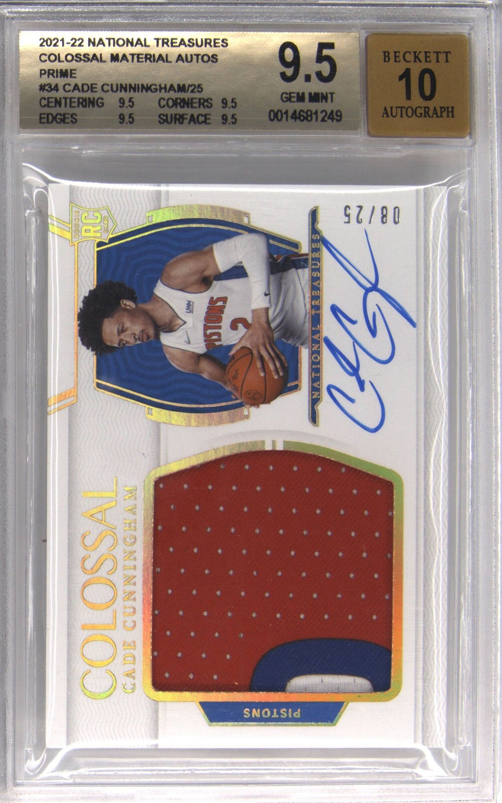 2021-22 NATIONAL TREASURES COLOSSAL MATERIAL AUTOS CADE CUNNINGHAM RC BGS 9.5 2021-22 NATIONAL TREASURES COLOSSAL MATERIAL AUTOS CADE CUNNINGHAM RC BGS 9.5