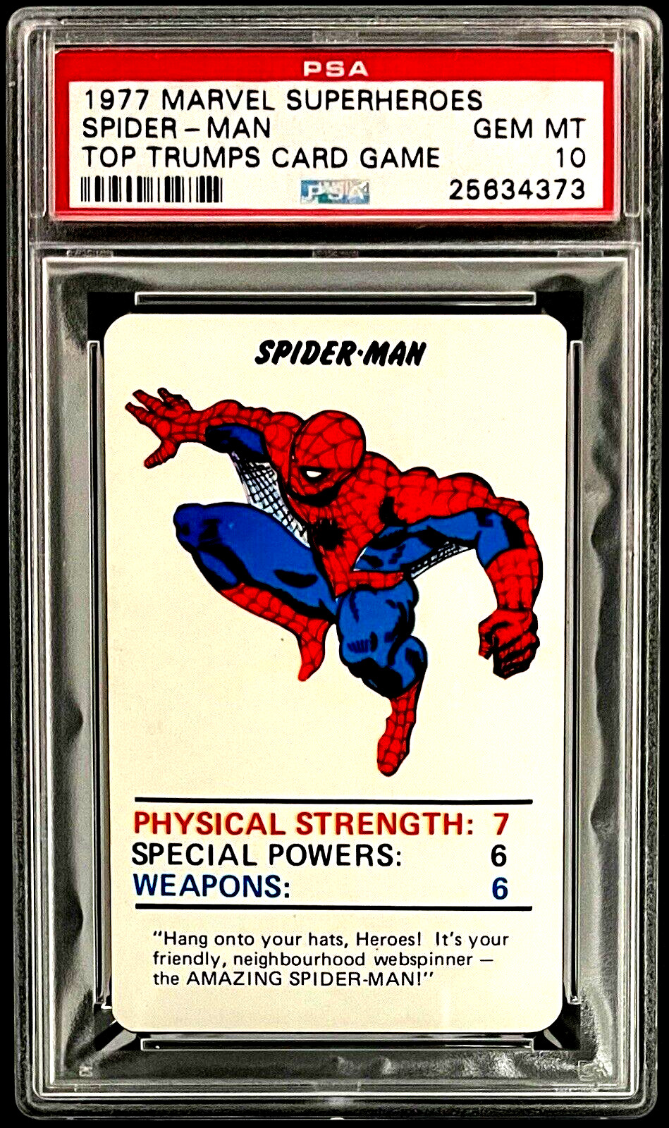 1977 Marvel Superheroes SPIDER MAN Top Trumps Card Game PSA 10 GEM MINT POP 1