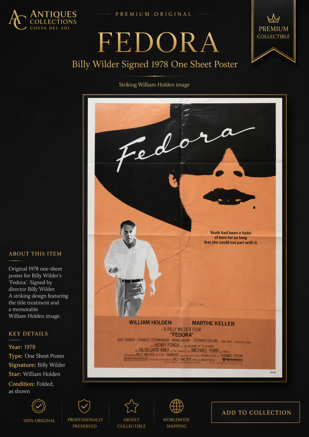 Fedora Billy Wilder Signed Original 1978 One Sheet Poster William Holden Fedora Billy Wilder Signed Original 1978 One Sheet Poster William Holden