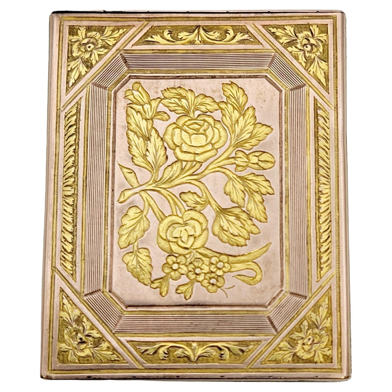 Vintage Victorian Era Snuff Box 14 Karat Yellow and Rose Gold Floral Motif Vintage Victorian Era Snuff Box 14 Karat Yellow and Rose Gold Floral Motif