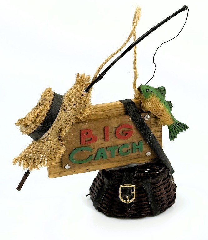 Christmas Big Catch Fishing Ornament Sign Pole Hat Basket Cabin Lodge Decor