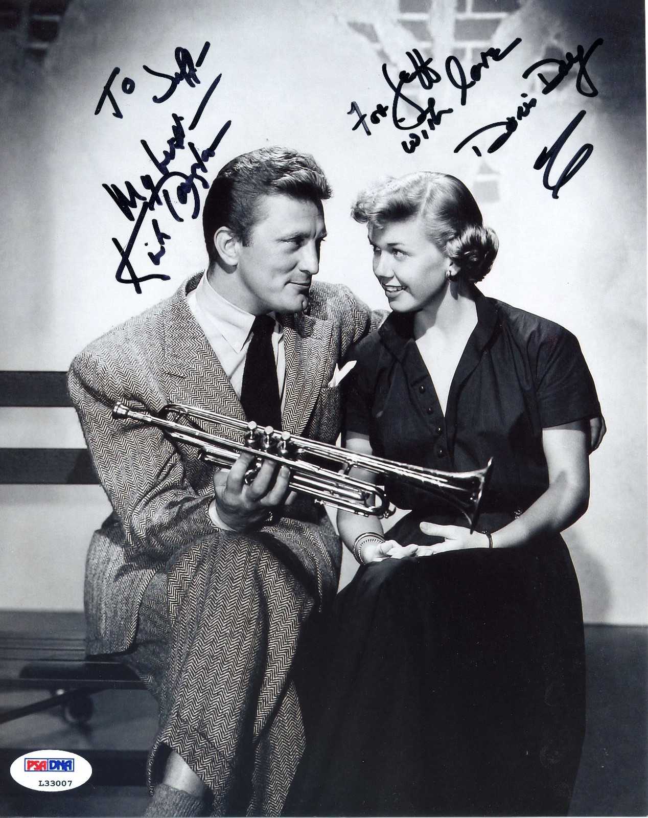 KIRK DOUGLAS AND DORIS DAY SIGNED 8X10 PHOTO. AUTHENTICATED PSA/DNA: #L33007