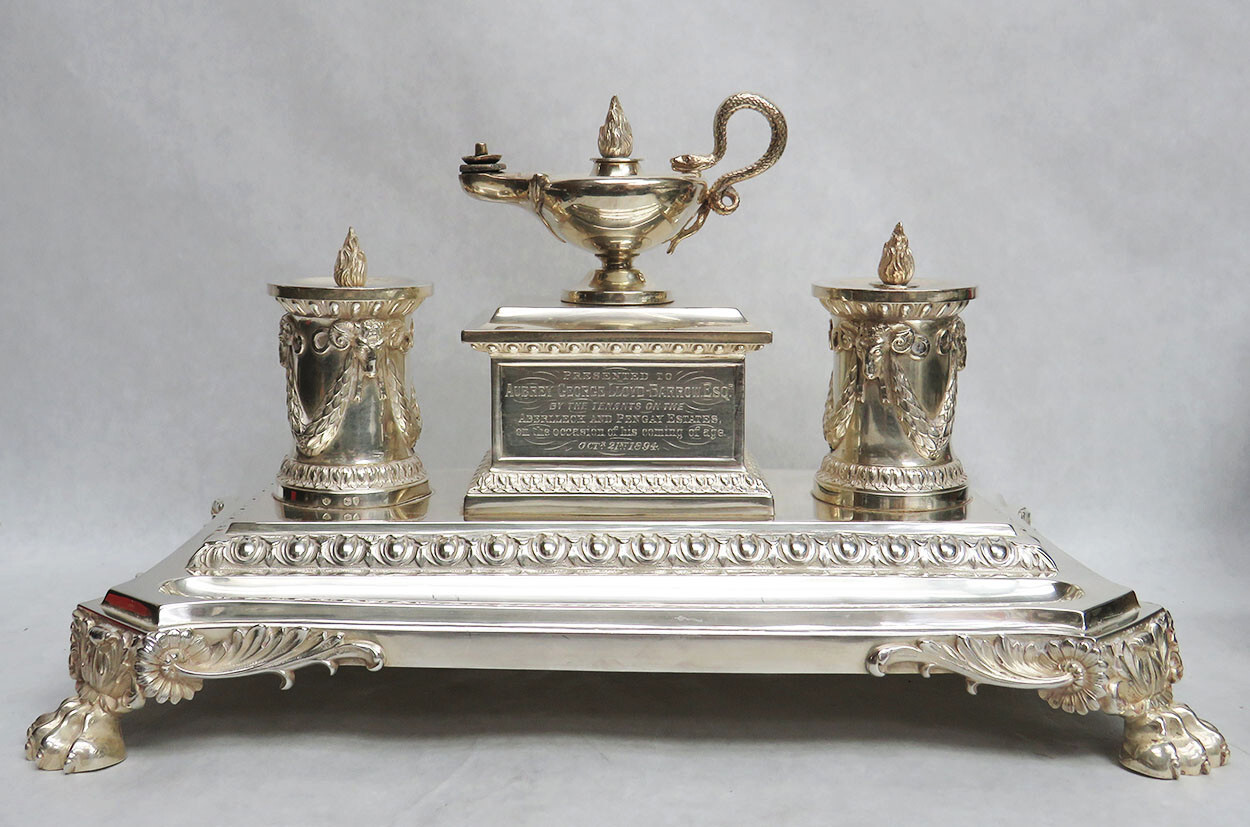 IMPRESSIVE 1892 LONDON STERLING SILVER VICTORIAN ERA INK WELL LLOYD-BARROW ESQ