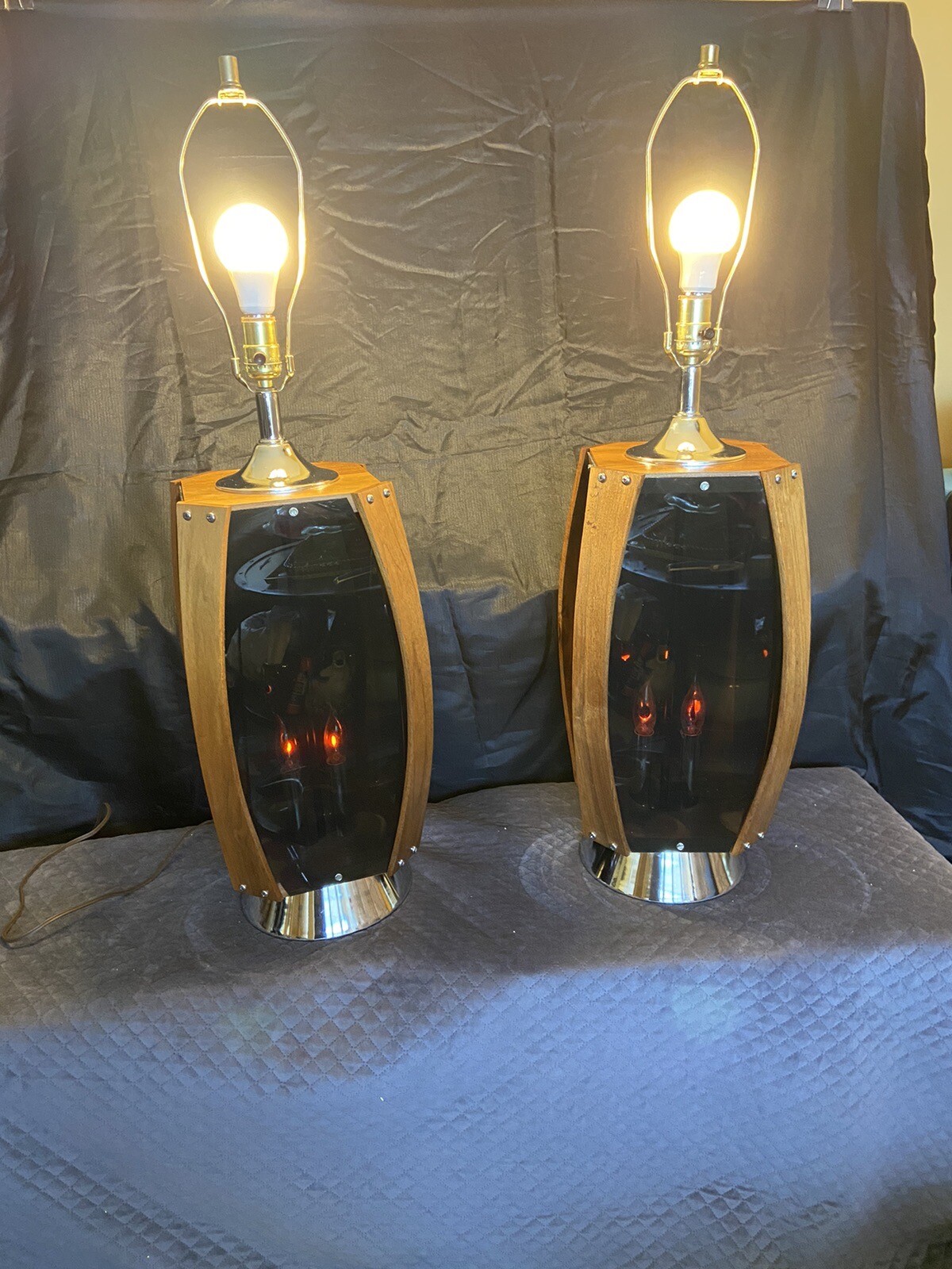 Pair of Walnut Smoked Lucite and Chrome MCM Lamps by Lawrin - Flickering Modern Pair of Walnut Smoked Lucite and Chrome MCM Lamps by Lawrin - Flickering Modern