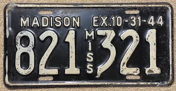 1944 Madison County Mississippi License Plate Vintage WW2 Year 821-321 1944 Madison County Mississippi License Plate Vintage WW2 Year 821-321