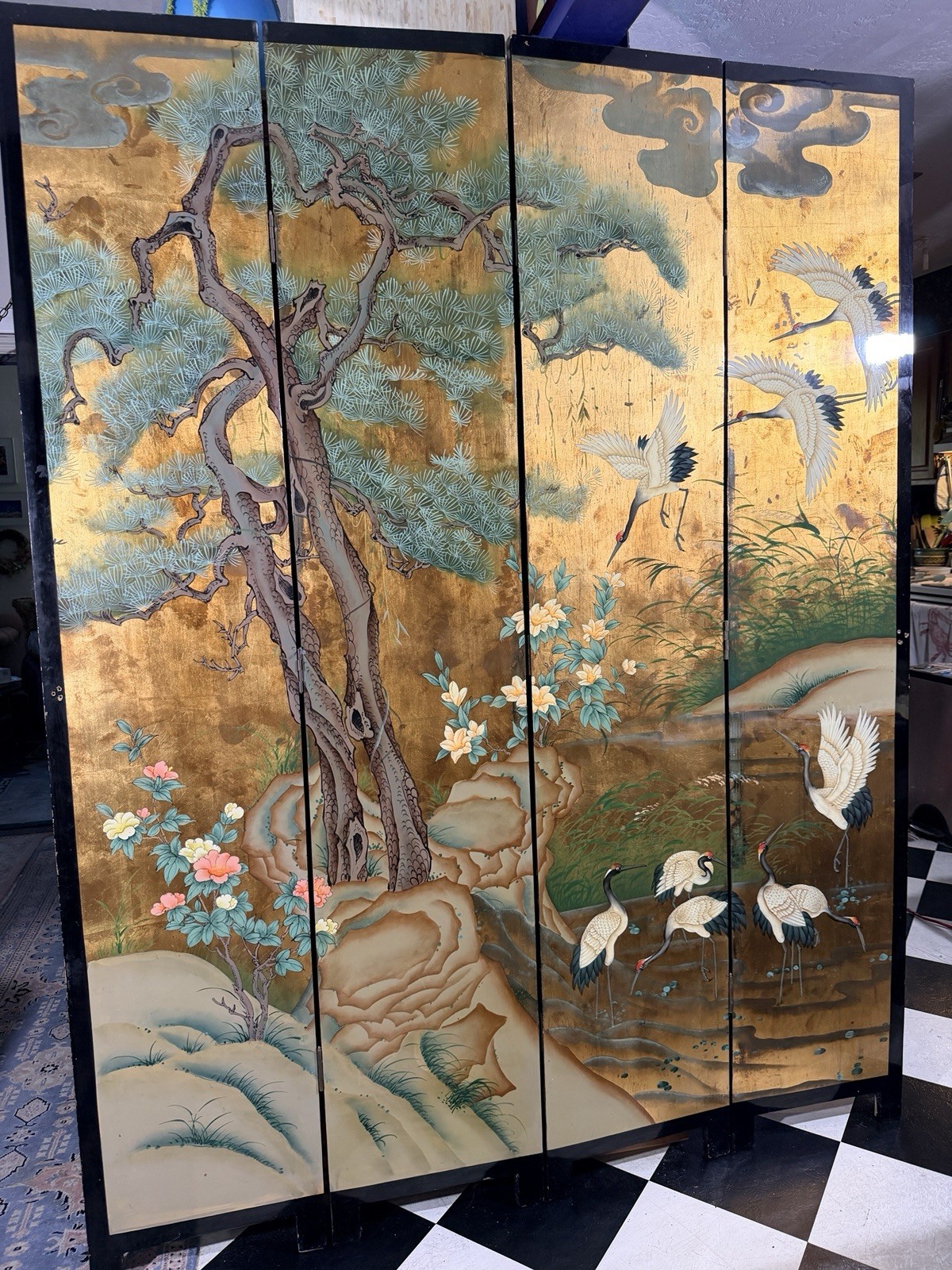 French Oriental Gold Leaf, Lacquer Screen with Nine Cranes, Blossoms, Conifer French Oriental Gold Leaf, Lacquer Screen with Nine Cranes, Blossoms, Conifer