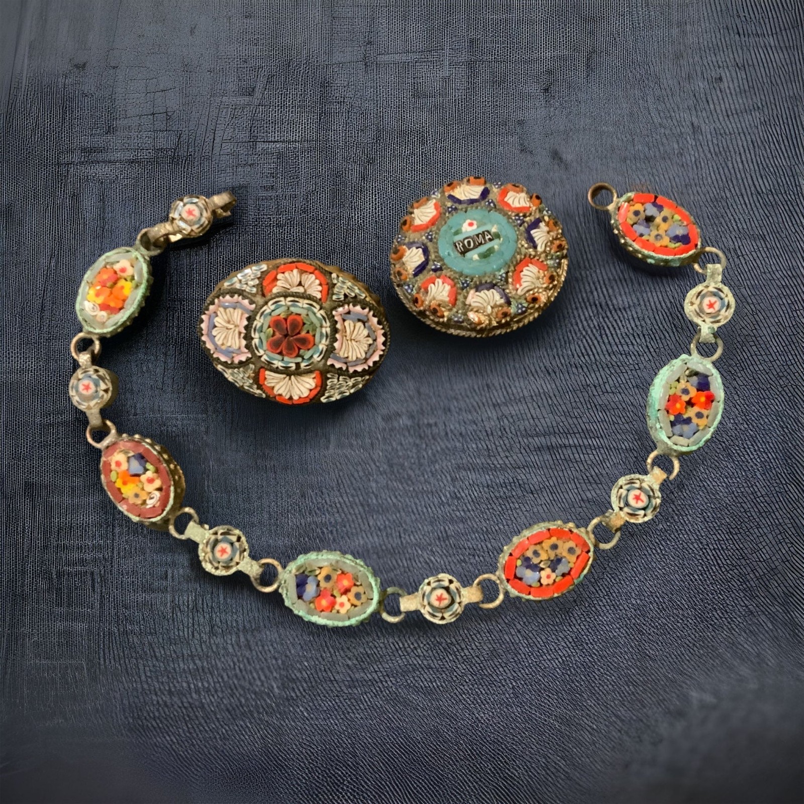 Antique Italian Mili Fiori Micro Mosiac BraceletAnd Two Brooches Set, Gift Boxed Antique Italian Mili Fiori Micro Mosiac BraceletAnd Two Brooches Set, Gift Boxed