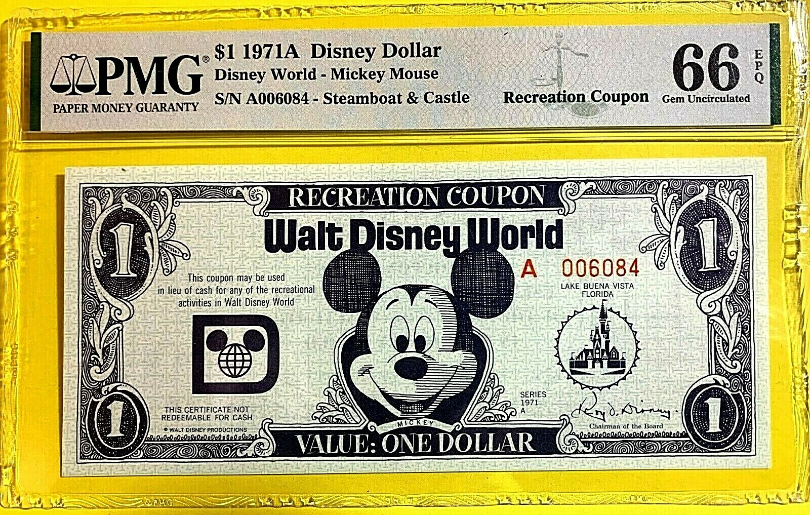 1971 DISNEY DOLLAR - RECREATION COUPON - PMG 66 EPQ 2nd HIGHEST-LOWEST SERIEL#