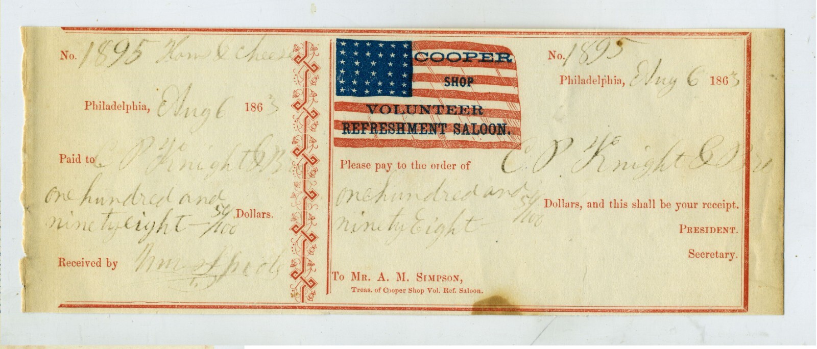 CIVIL WAR - COOPER VOLUNTEER REFRESHMENT SALOON – GRAPHIC PAY VOUCHER CIVIL WAR - COOPER VOLUNTEER REFRESHMENT SALOON – GRAPHIC PAY VOUCHER