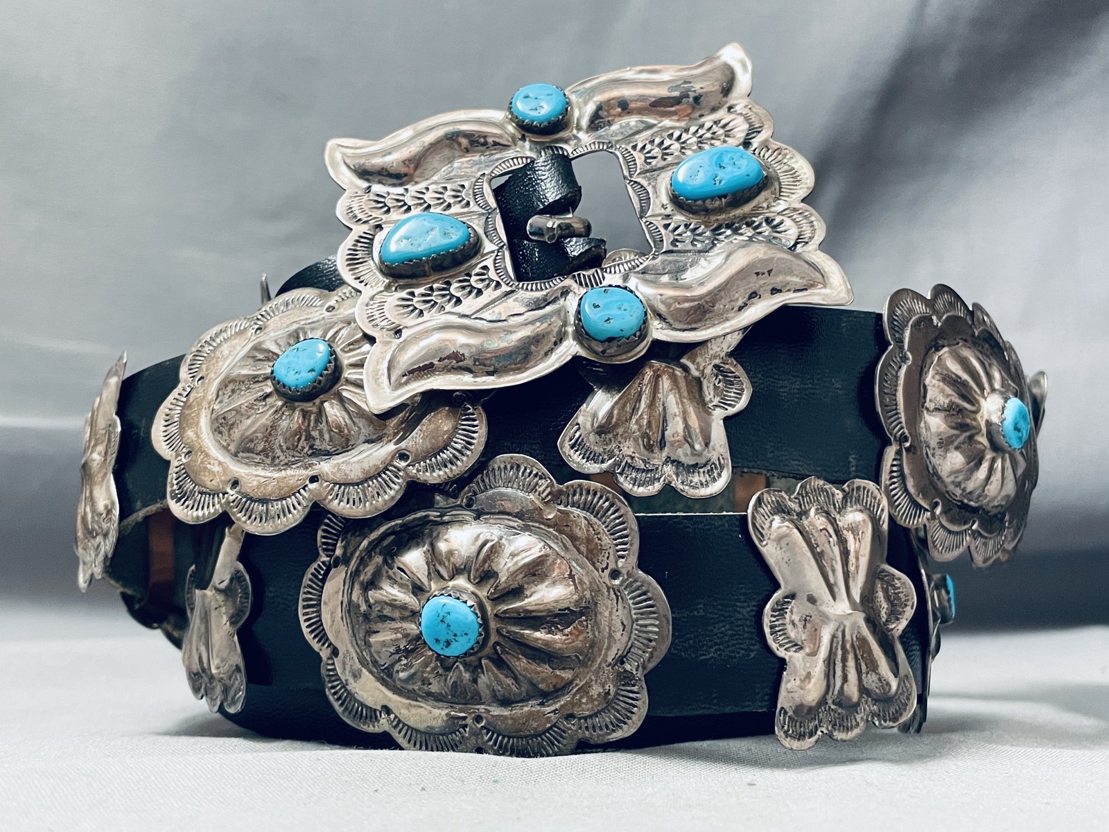 IMPORTANT BEN YAZZIE VINTAGE NAVAJO TURQUOISE STERLING SILVER CONCHO BELT IMPORTANT BEN YAZZIE VINTAGE NAVAJO TURQUOISE STERLING SILVER CONCHO BELT