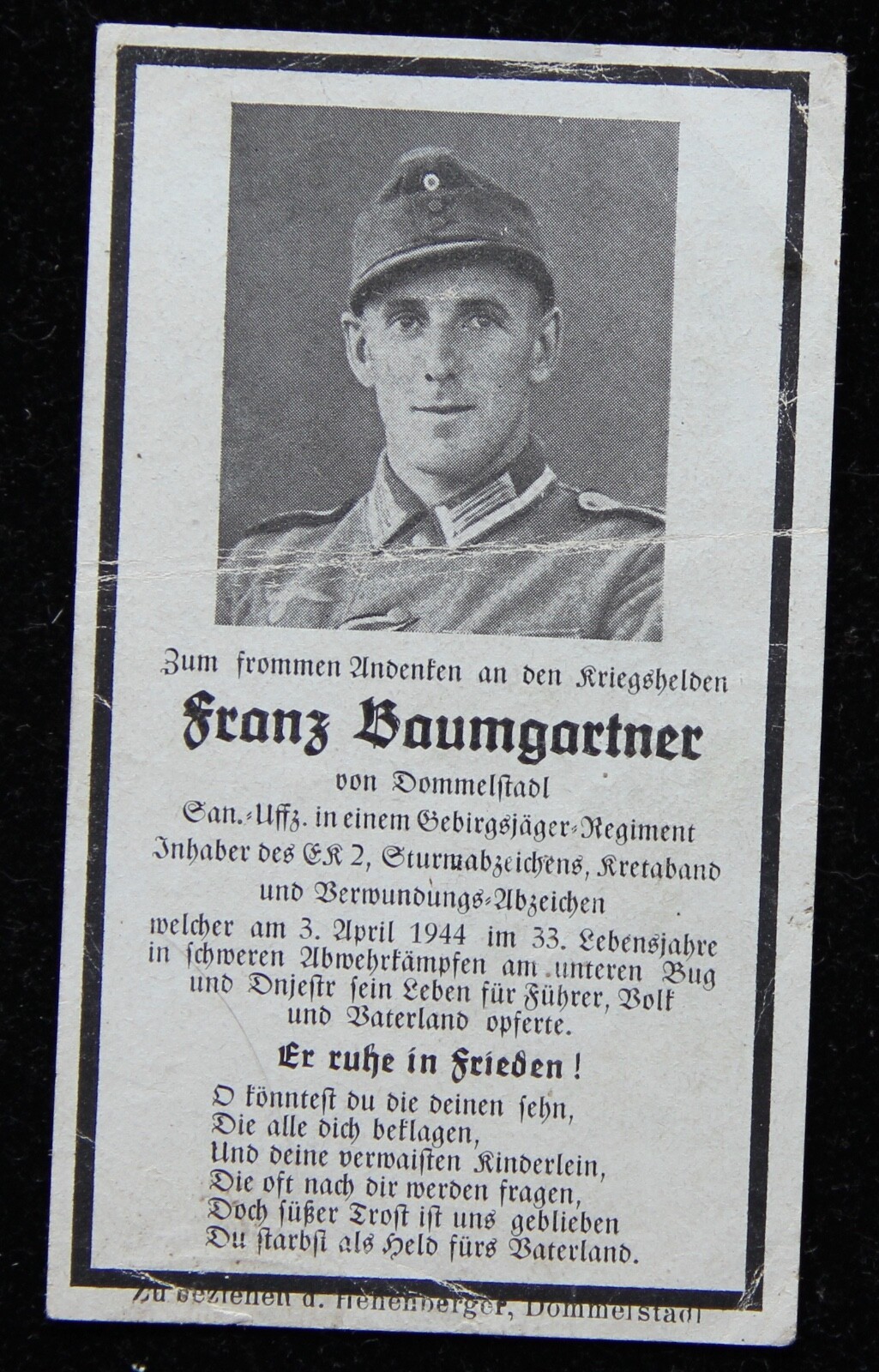 WWII German Sterbebild Death Card Franz Baumgartner Medic Kretaband Kreta CT WWII German Sterbebild Death Card Franz Baumgartner Medic Kretaband Kreta CT