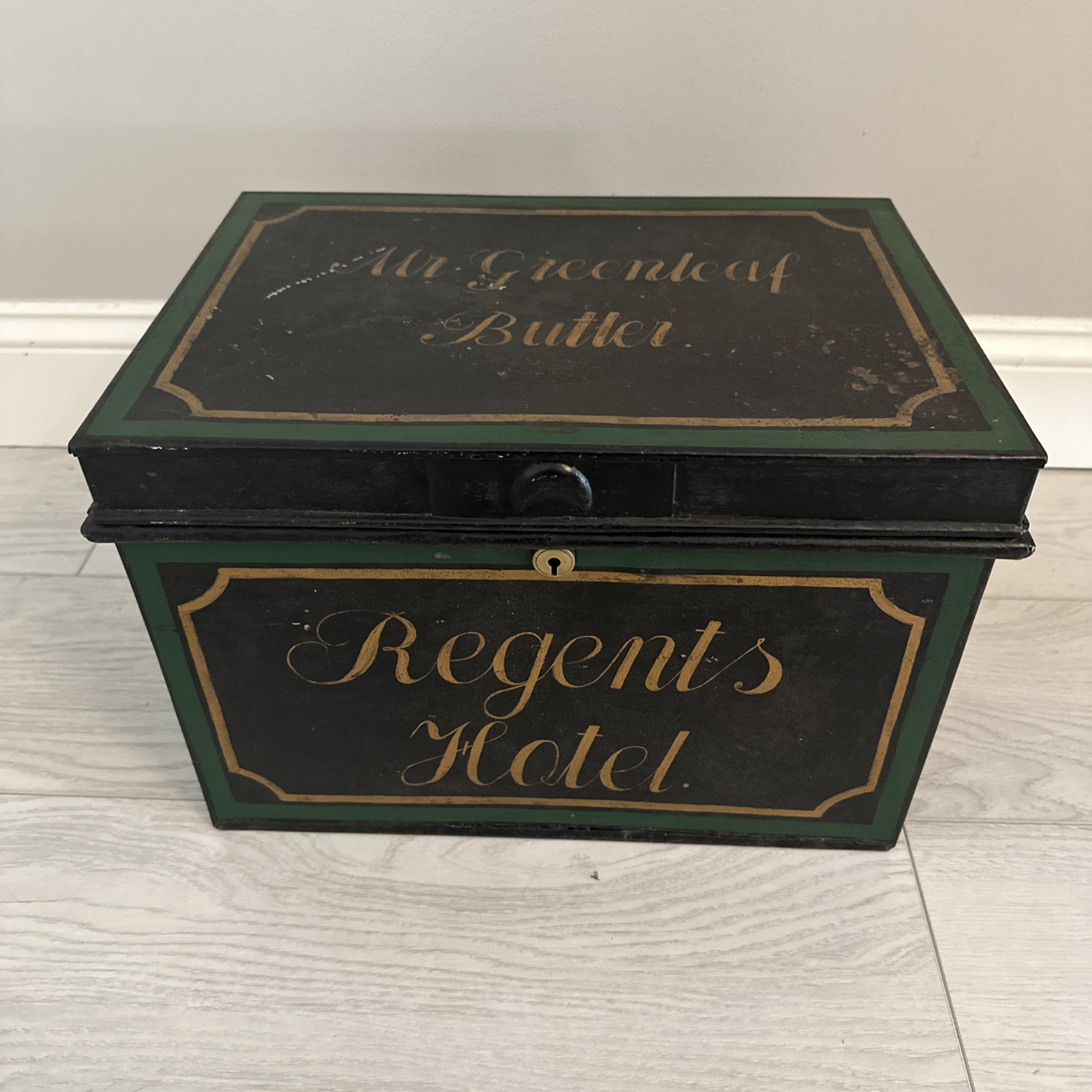 Antique Regents Hotel Butler Box Identified Named Mr Greeleaf Very Rare Metal 