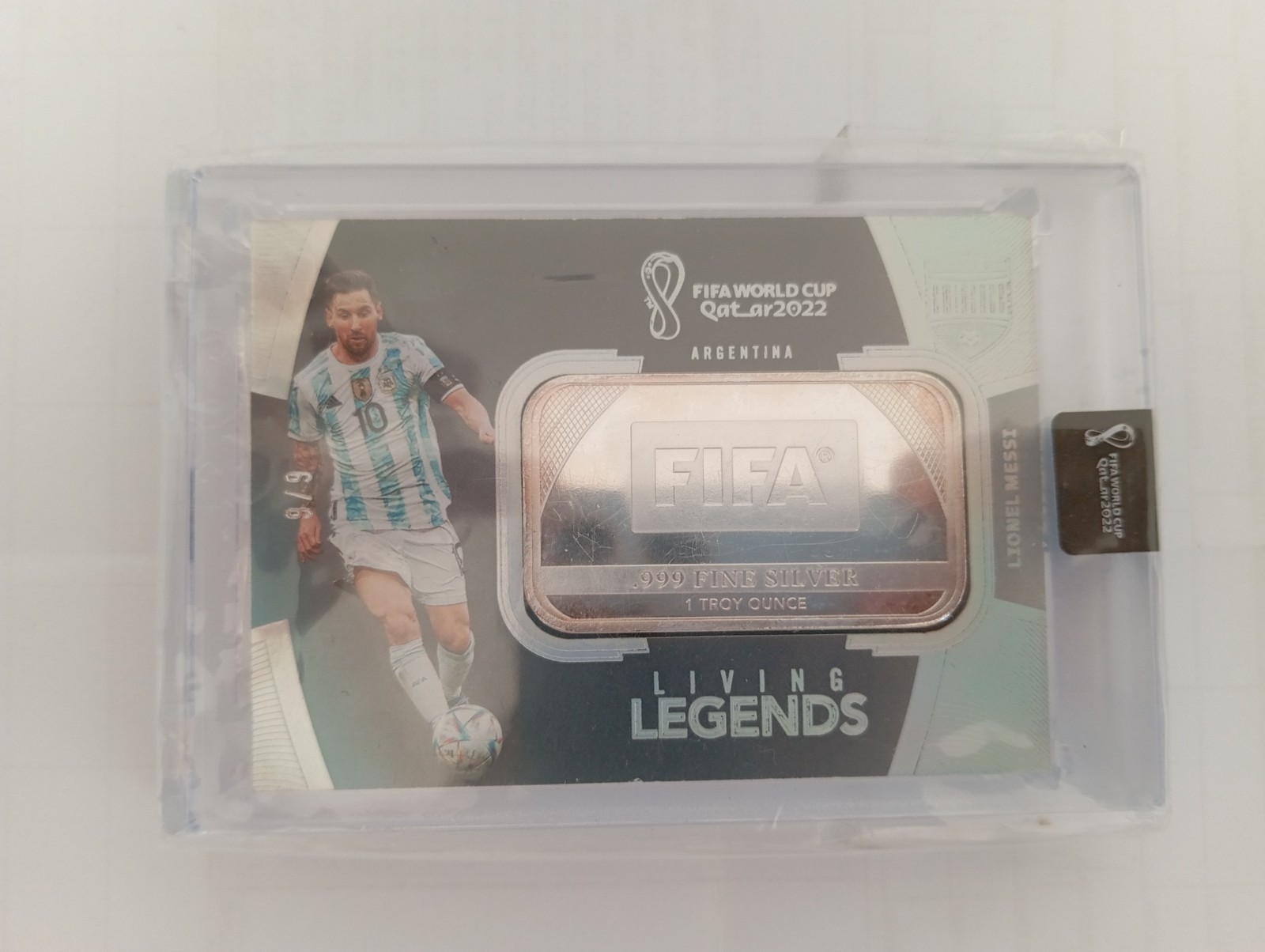 LIONEL MESSI FIFA WORLD CUP 2022 LIVING LEGENDS SILVER BAR CARD 1OZ - RARE 9/9
