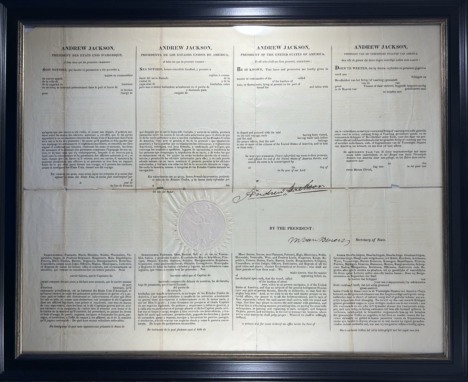 RARE Four-Language Ship's Papers SIGNED by Andrew Jackson & Martin Van Buren