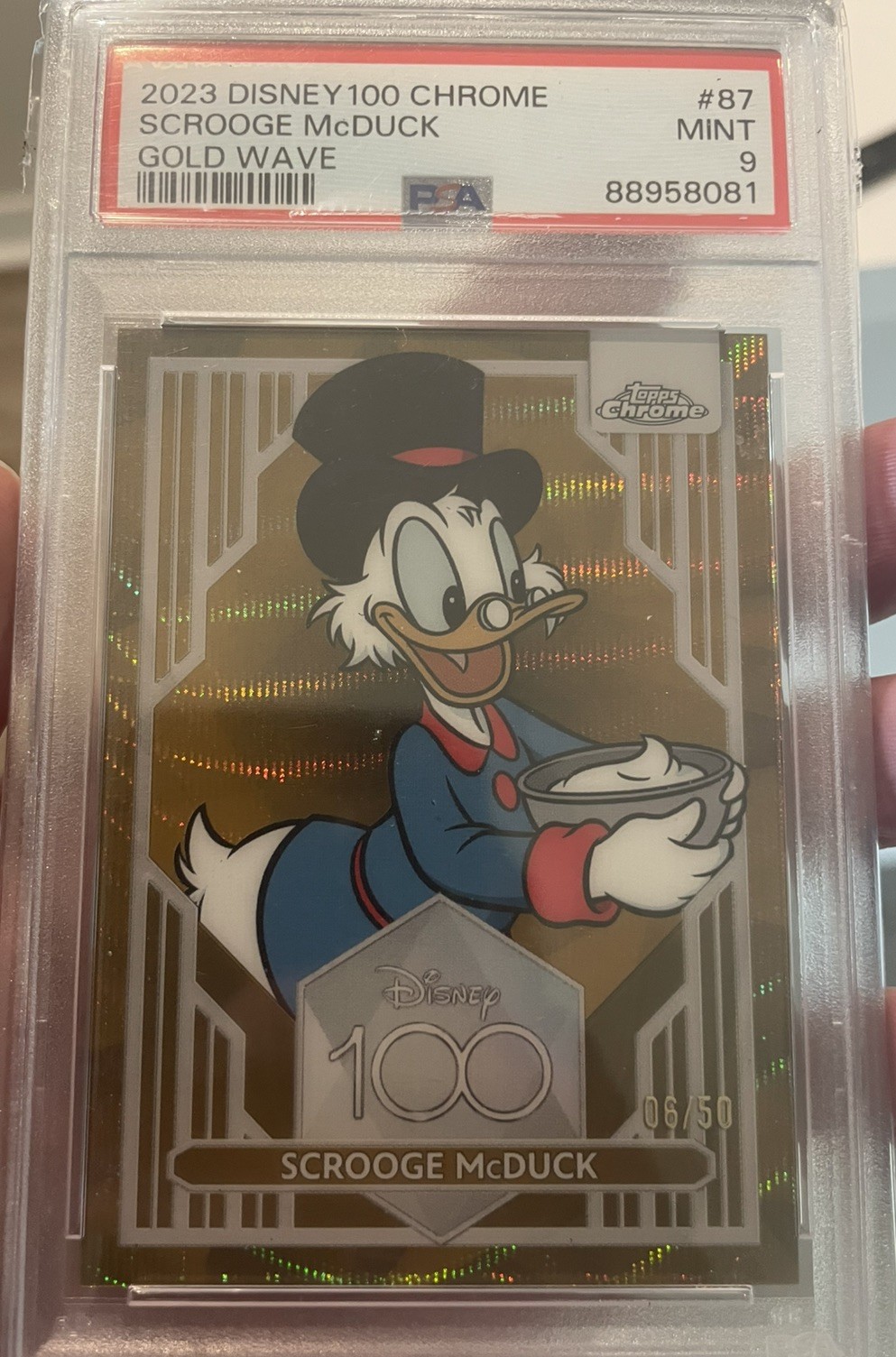 PSA 9 2023 Topps Chrome Disney 100 Years UNCLE SCROOGE GOLD WAVE #/50 McDuck