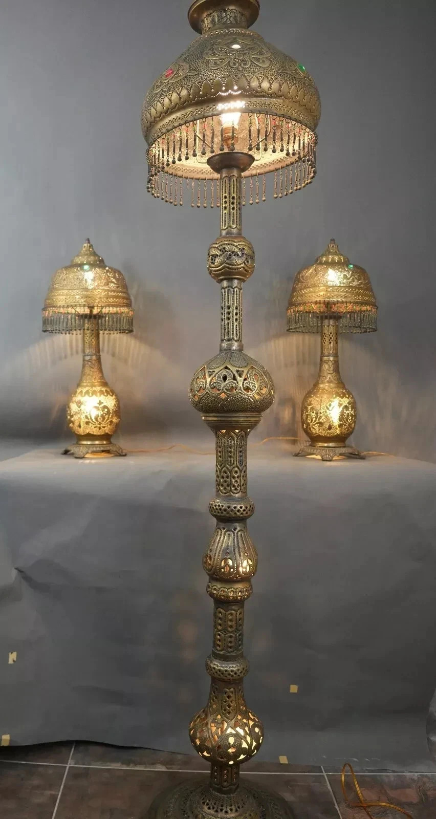 Antique Floor Lamp & 2 Table Lamps Set – Filigree Jeweled Accent Islamic Moorish