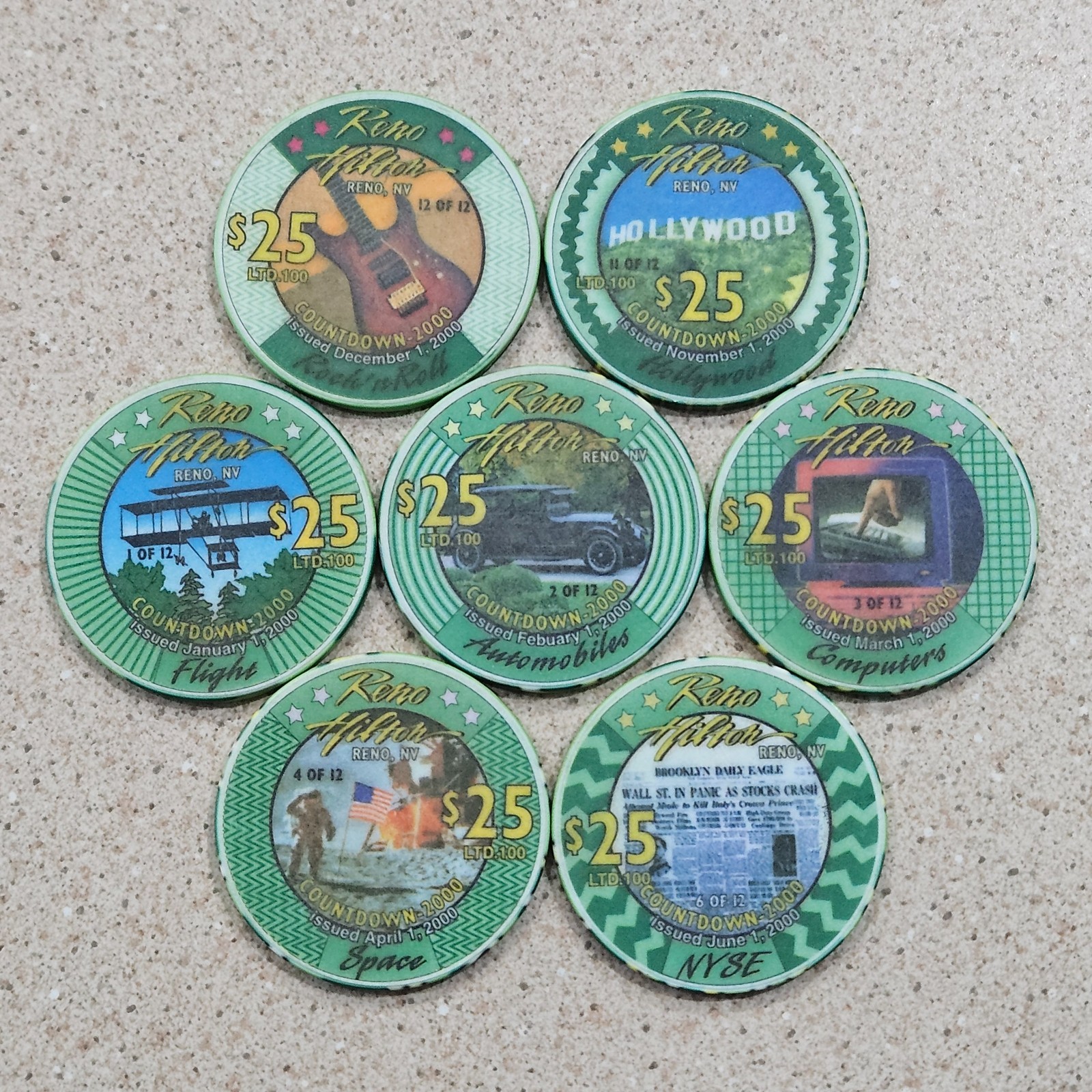 7 Reno Hilton Casino LTD 100 Countdown To The Millennium $25 Chipco Clay Chips 7 Reno Hilton Casino LTD 100 Countdown To The Millennium $25 Chipco Clay Chips